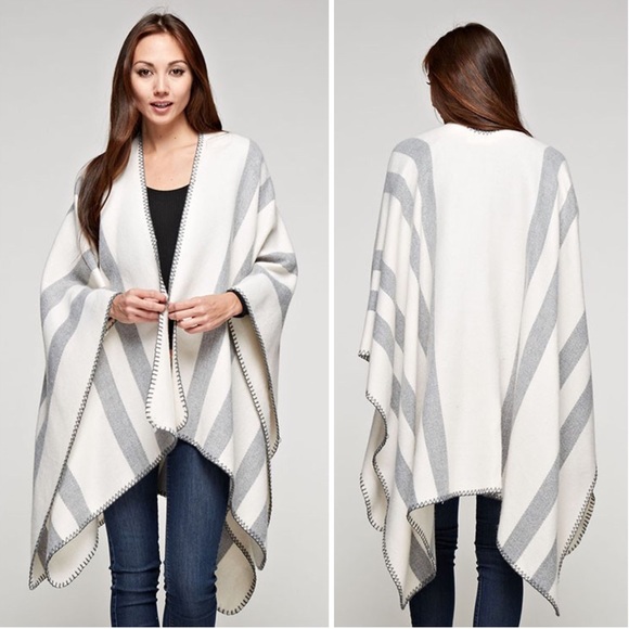 Cream Striped Blanket Stitch Oversized Poncho - Picture 2 of 7